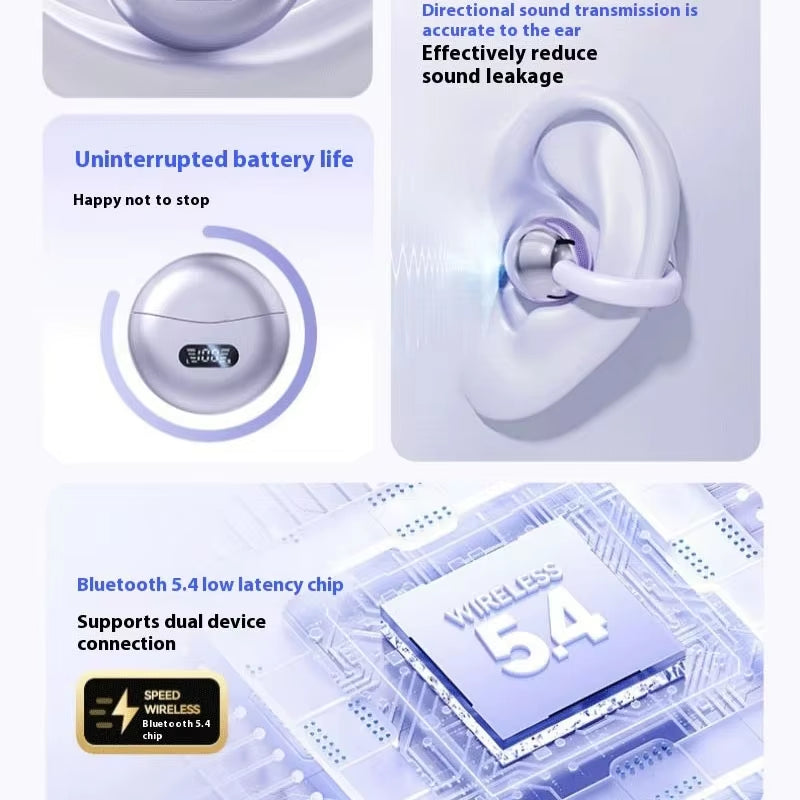 Wireless Earphones Bluetooth 5.4 Earbuds Clip on Ear Comfortable Headphones for Xiaomi Iphone Sport Digital Display Headsets