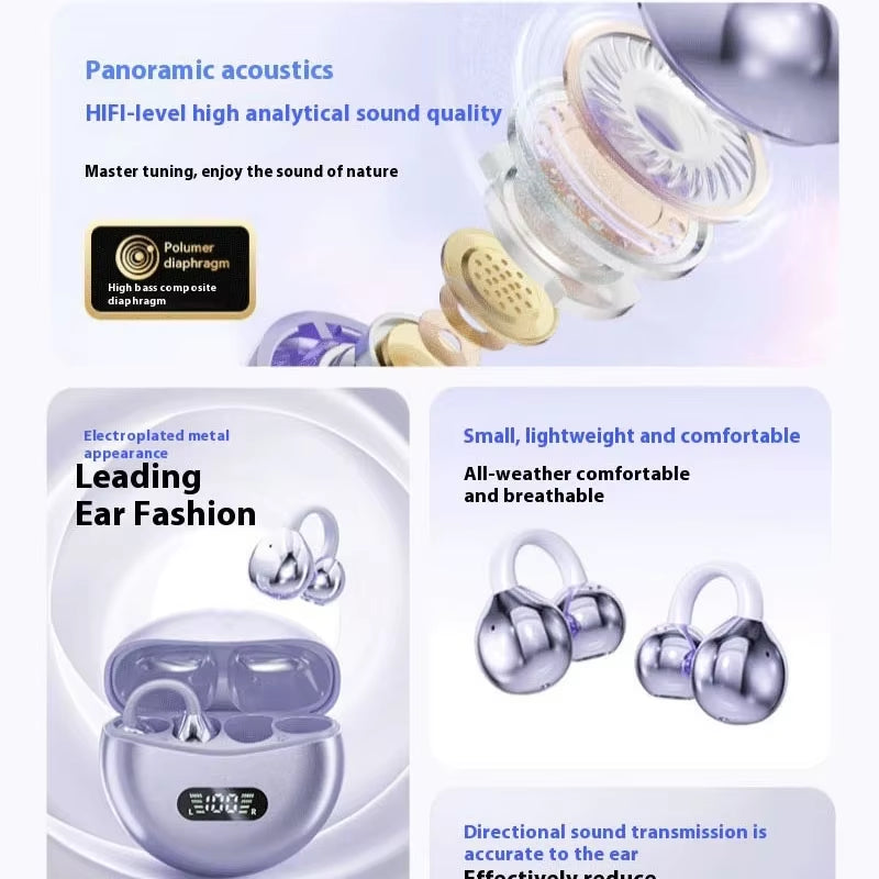 Wireless Earphones Bluetooth 5.4 Earbuds Clip on Ear Comfortable Headphones for Xiaomi Iphone Sport Digital Display Headsets